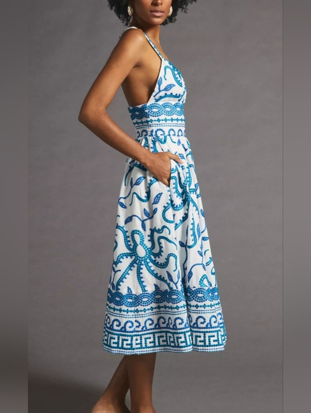 Anthropologie x Maeve Seaside Midi Blue And White Embroidered Sundress